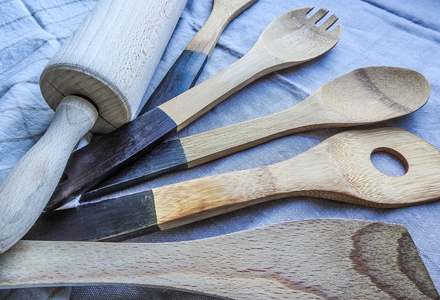 kitchen tools, wood spoons, rolling pin